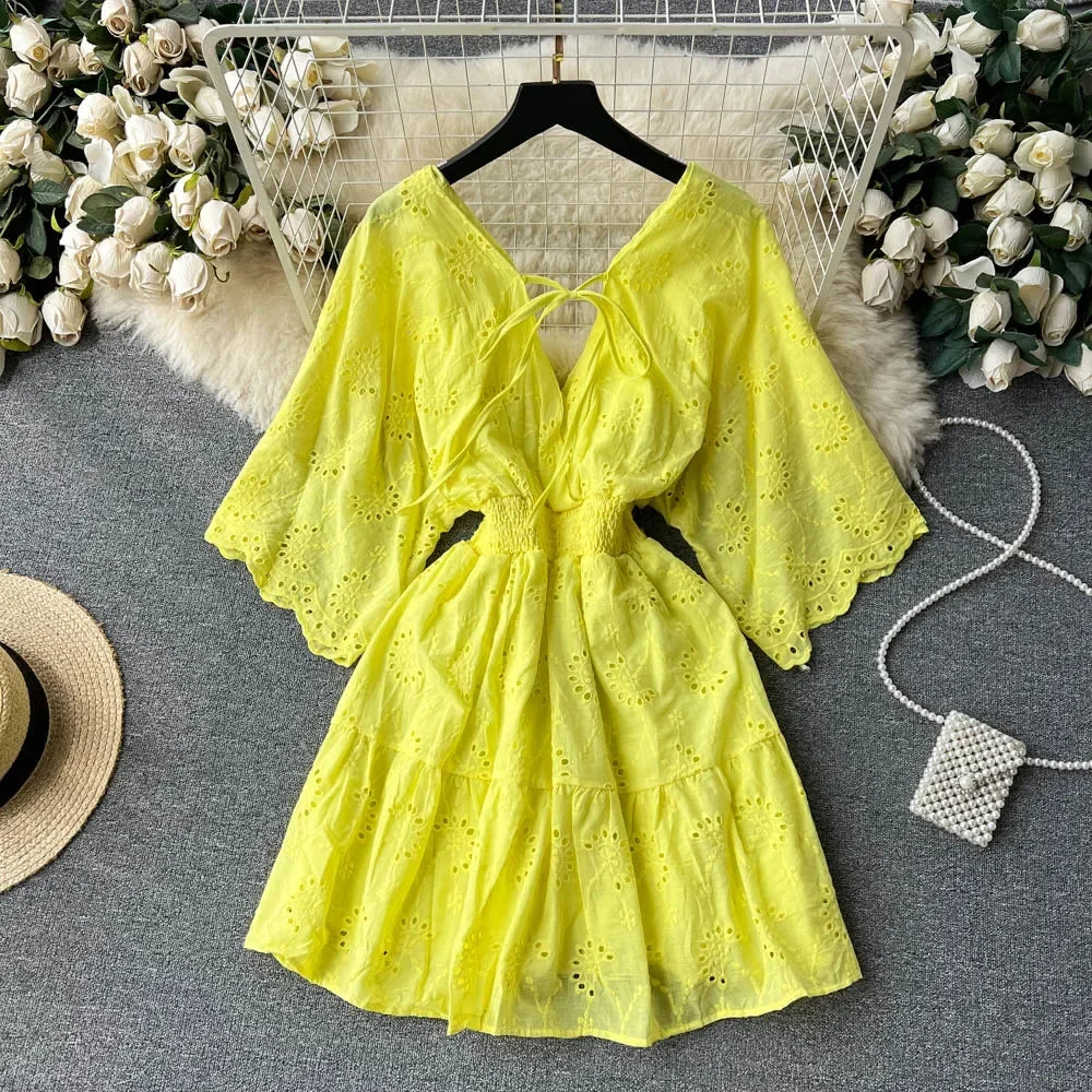 White/Purple/Blue V Neck Summer New Lace Embroidery Dress Women Short Sleeves Dresses Female Vintage Party Beach Midi Dresses