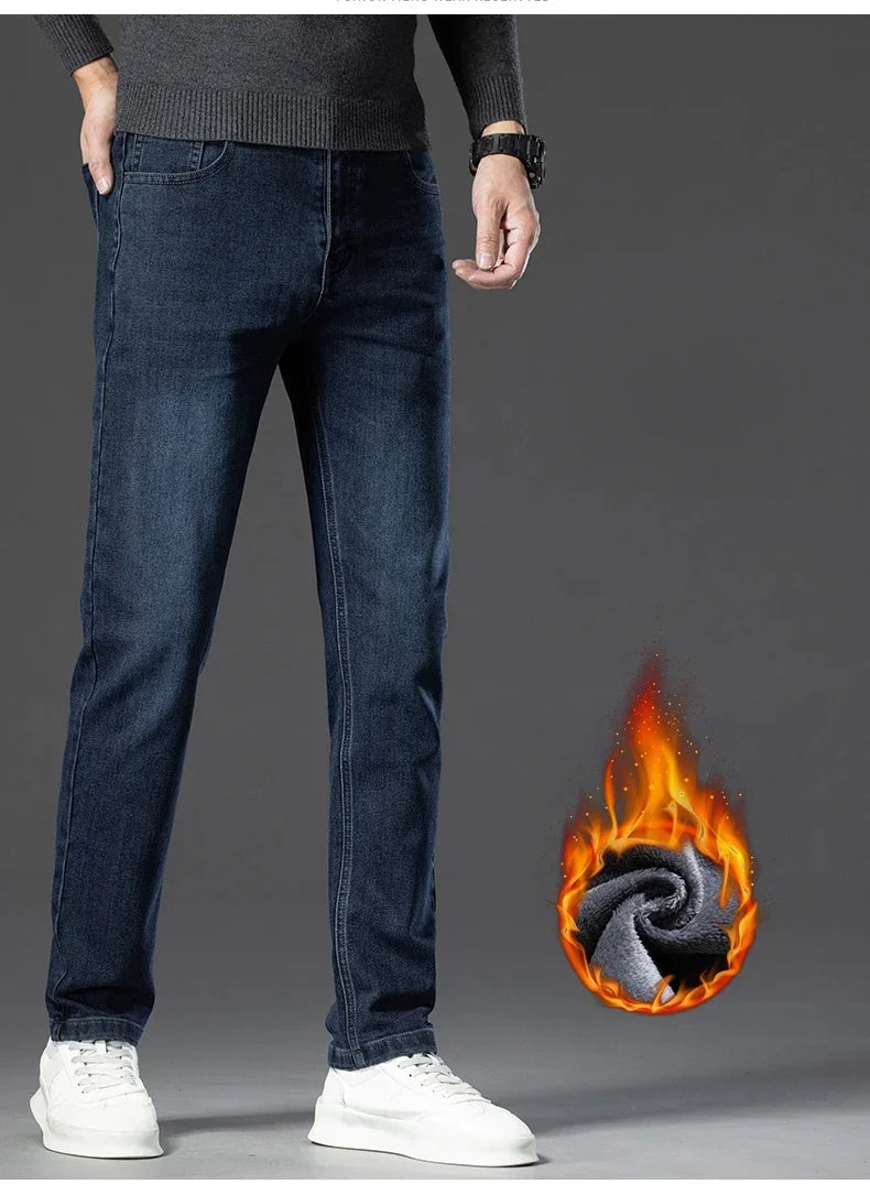 Winter Classic Business Men's Fleece Warm Jeans Straight Stretch Casual Thicken Denim Trousers Washed Fashion Velvet Male Pants