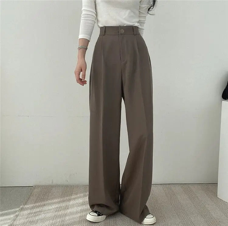 Casual Notch Lapel Suit Set with Button Thick Wide Leg Small Suit Pants High Waist Drape Polyester Business Lady Style Women
