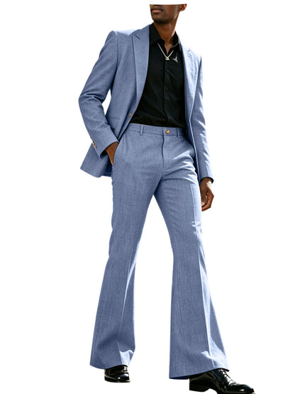 Vintage Men's Linen Suit 2 Piece Notch Lapel 2 Button Blazer Wide Leg Flare Pants Breathable Lightweight Set for Business Casual