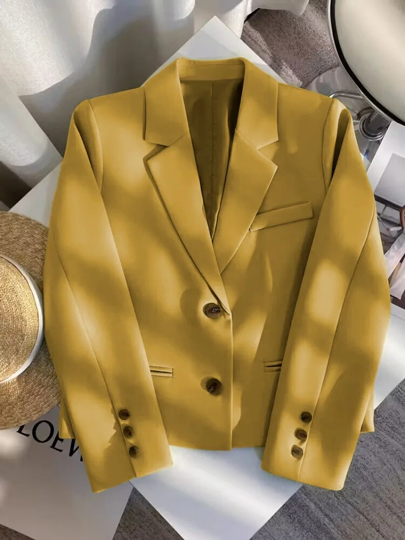 Black Cropped Blazers Woman Trend 2025 New All-match Notched Collar Crop Jacket Women Korean Chic Single Button Suit Coat Tops