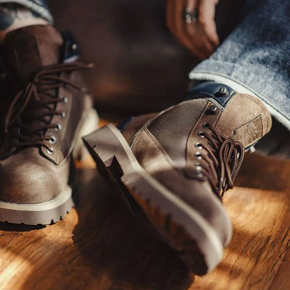 Maden Men's Vintage Splice Suede Work Boots Chunky Sole Round Toe Combat Boots Lace-Up Ankle Boots for Desert Hiking & Casual