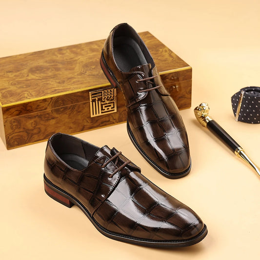 Fashionable Crocodile Print Men's Solid Color Leather Oxford Shoe Formal Business Lace -Up Office Shoe Comfortable Wedding  Shoe