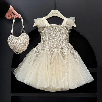 Kids Girl Clothes Sequined Flying Sleeves New Summer Party Dresses For Girls Elegant Mesh Vest Skirt Princess Dress Evening Prom