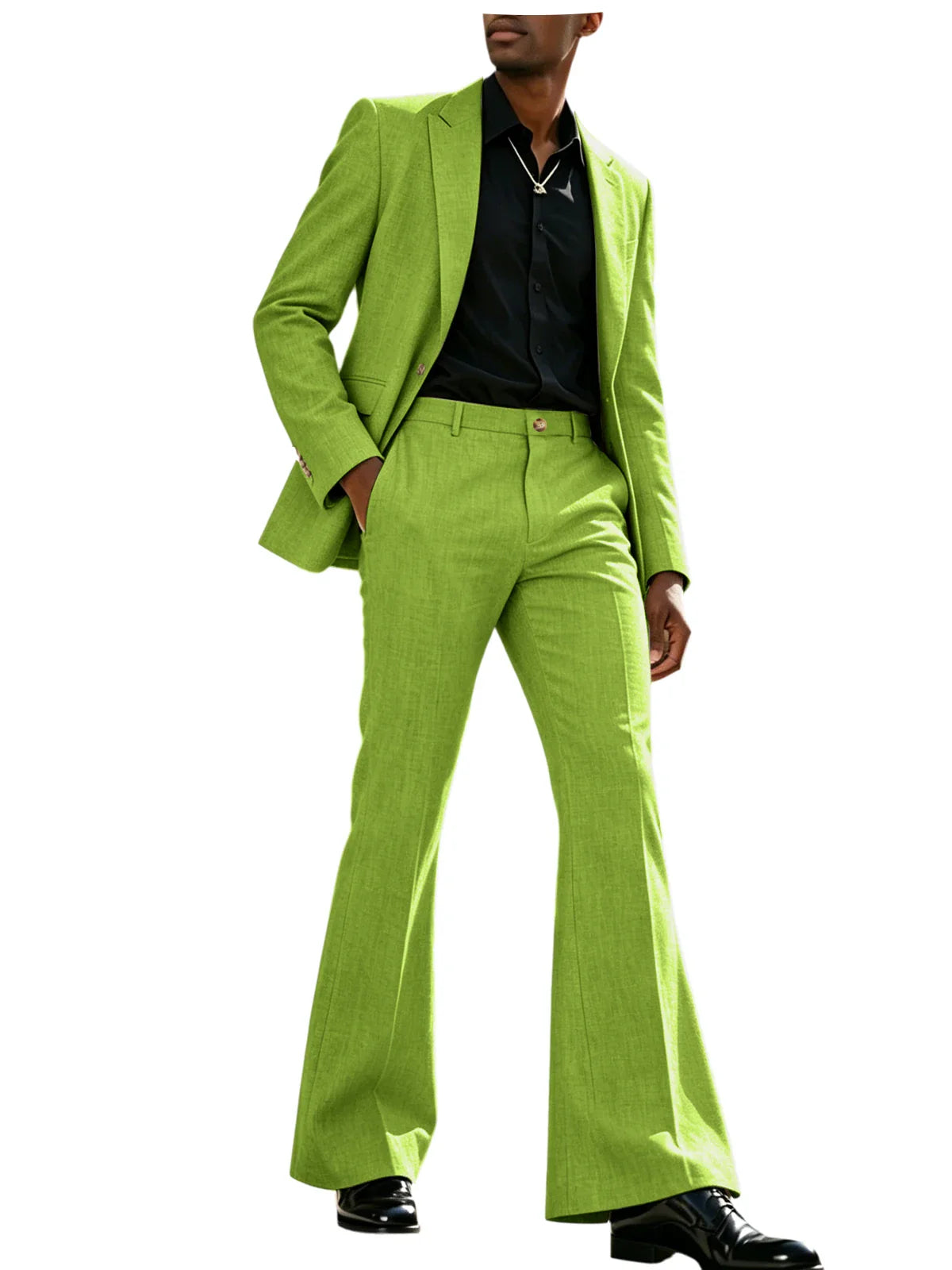 Vintage Men's Linen Suit 2 Piece Notch Lapel 2 Button Blazer Wide Leg Flare Pants Breathable Lightweight Set for Business Casual