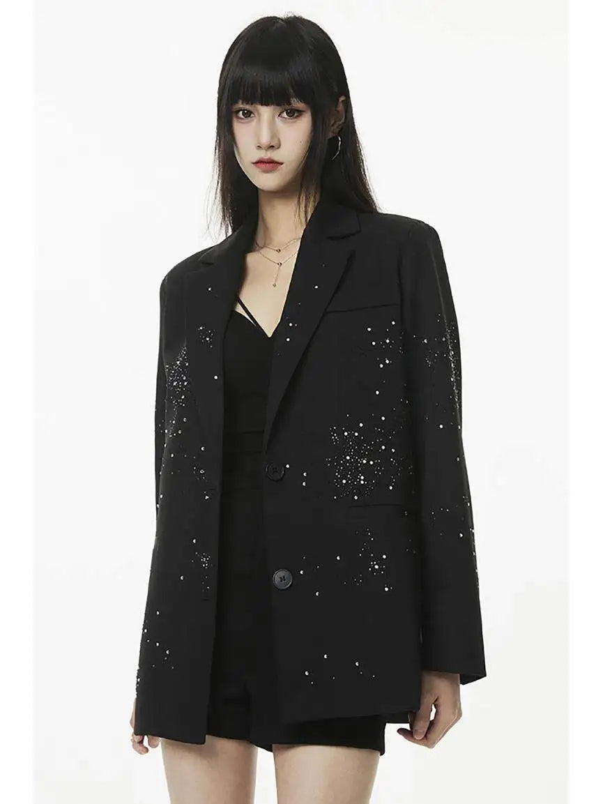 Women's Rhinestone Blazer Long Sleeve Suit Jacket Designer Loose Fit Office Casual Sparkly Blazer Fashion Outerwear Coat