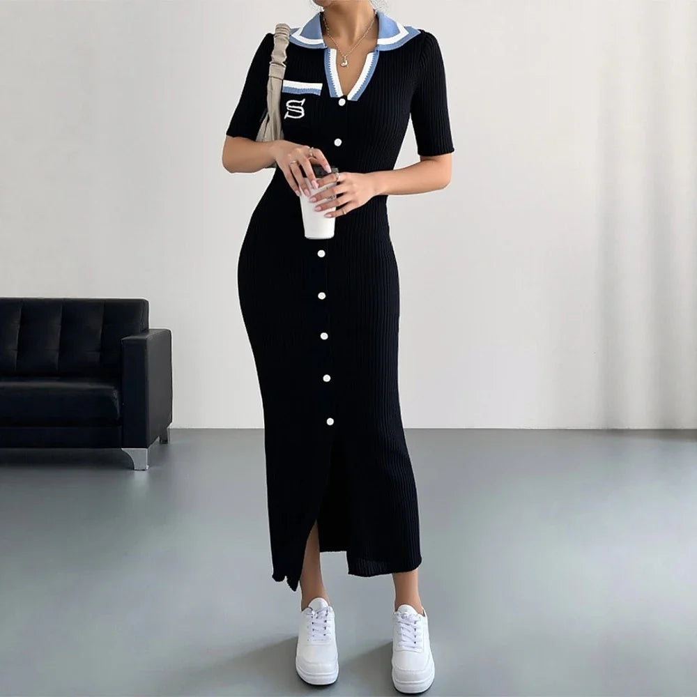 Chic Fashion Sexy Wrap Hips Knitted Long Dress 2026 New Brand Fashion Embroidery Single-breasted Shirt Dress Streetwear