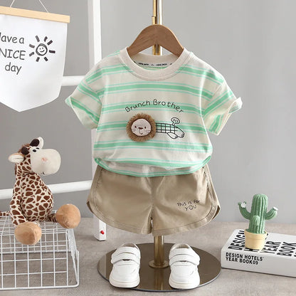 Boys Striped Casual Outfit Round Neck T-shirt & Shorts Kids Summer Clothes Sets