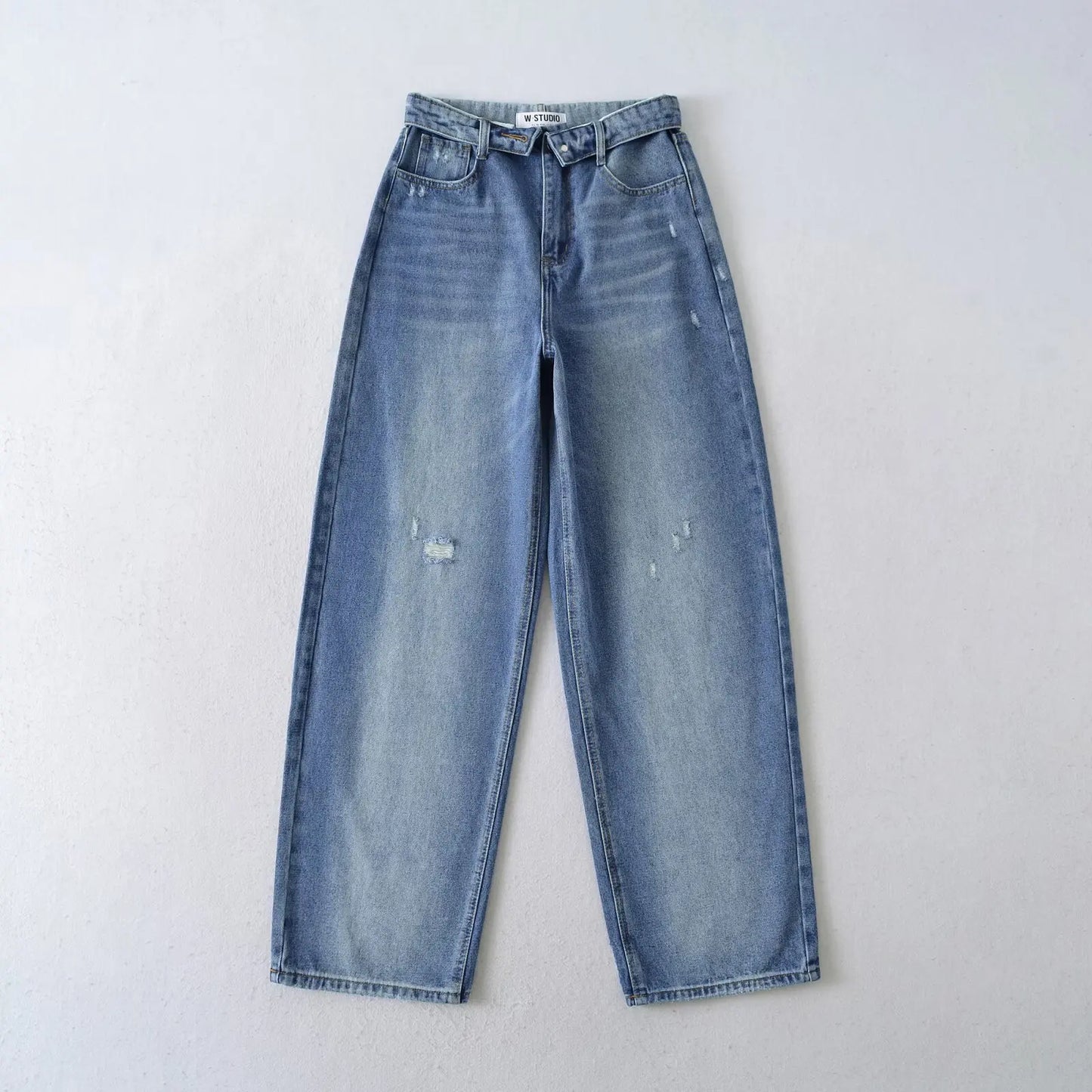 American Retro Cuffed High Waist Slimming Casual Denim Jeans Women's Autumn Versatile Loose Straight Leg Floor-Length Pants