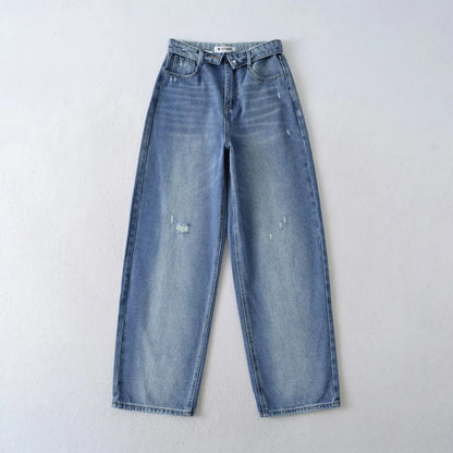American Retro Cuffed High Waist Slimming Casual Denim Jeans Women's Autumn Versatile Loose Straight Leg Floor-Length Pants