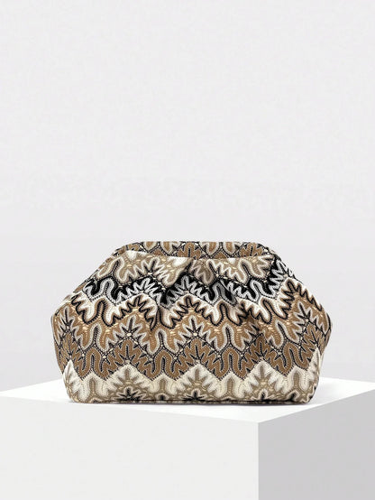 2026 New Bohemian Style Jacquard Clutch Bag for Women, Vintage Wave Pattern Embroidered Pleated Cloud Bag, Large Capacity Versatile Clutch for Various Occasions, Evening Bags, Commuting Dumpling Bag (Pattern Random)