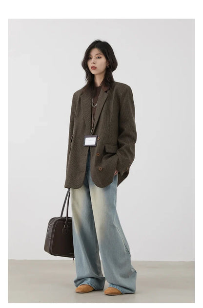 Women's Woolen Blazer Loose Retro Single Breasted Female Jacket Mid Length Plaid Coat for Woman Autumn Winter 2024