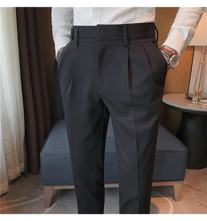 Autumn Winter High Quality Solid Casual Pants Men Belt Design Slim Fit Trousers Formal Office Business Social Party Suit Pants