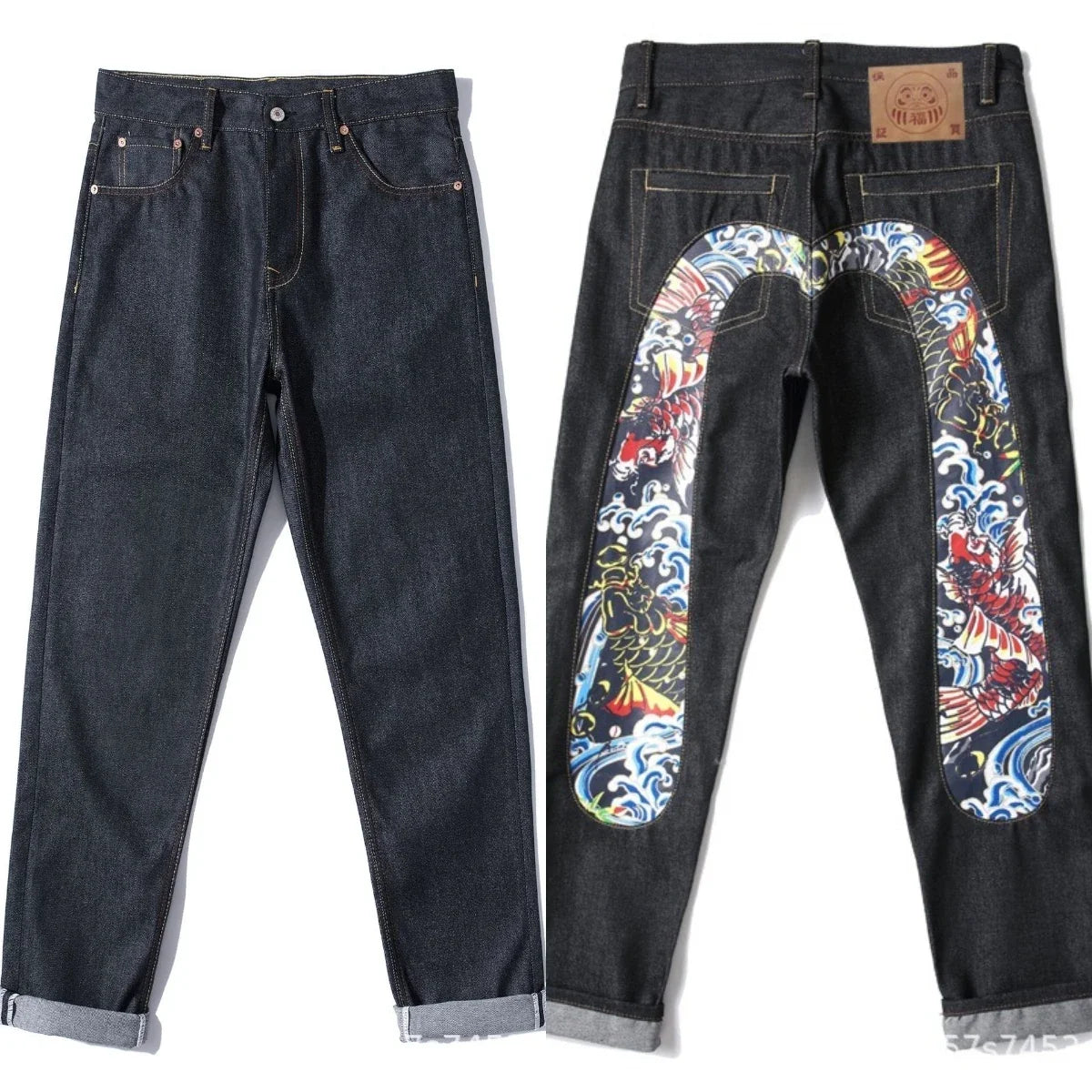 Men's Japanese Handmade Embroidered Jeans Pure Cotton Straight Tube Hip-Hop Popular Slim Red Ears Show Thin Trousers Devil Black