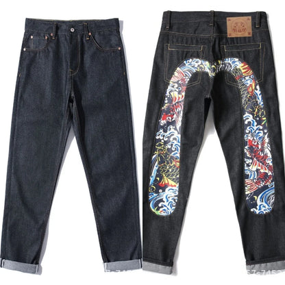 Men's Japanese Handmade Embroidered Jeans Pure Cotton Straight Tube Hip-Hop Popular Slim Red Ears Show Thin Trousers Devil Black
