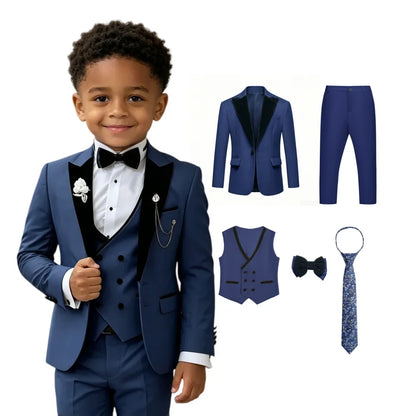 Boys Formal Suit Set 5Pcs Blazer Vest Pants Bow Tie Necktie Kids Wedding Party Tuxedo 3T-14T Children Birthday Page Boy Outfit