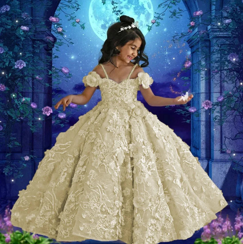 Lavender Flower Girl Dresses for Wedding Floral Appliques Bead Floor Length Girl Kids Birthday Party First Holy Communion Gowns