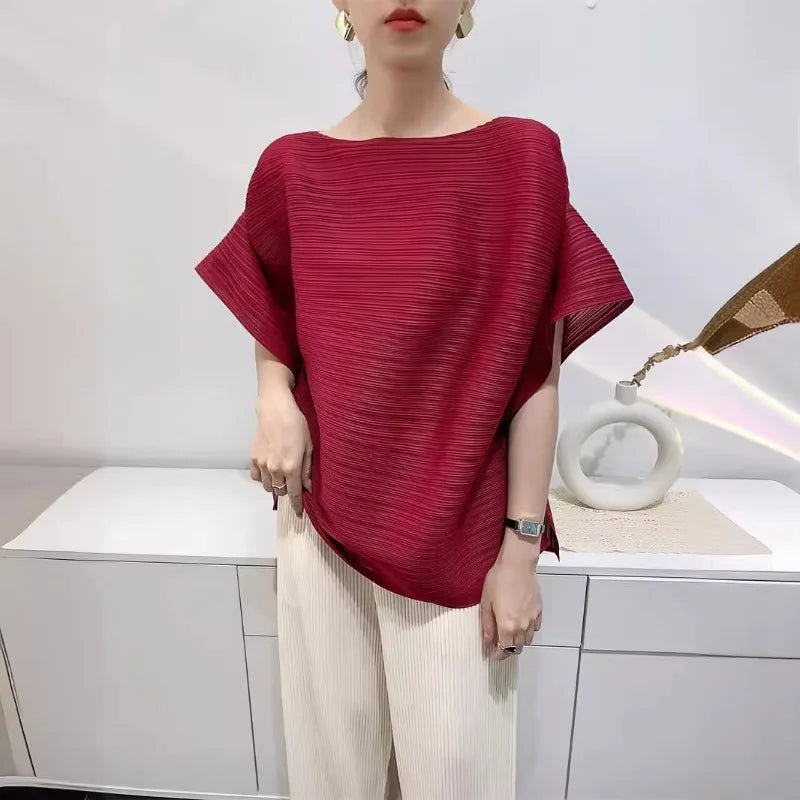2025 Summer T-shirt Miyake Comfortable Casual Loose Pleated Top Women Short Sleeve Slim Commuter Office Clothes Wrinkle-Free