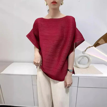 2025 Summer T-shirt Miyake Comfortable Casual Loose Pleated Top Women Short Sleeve Slim Commuter Office Clothes Wrinkle-Free