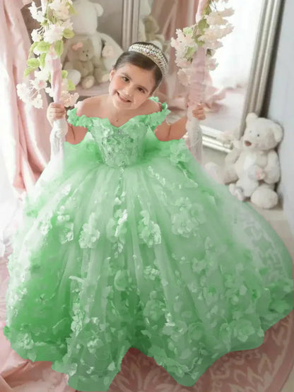Pink 3d Applique Flower Girl Dress For Wedding Off Shoulder Luxurious Pearls Tulle Child First Eucharistic Birthday Party Dress