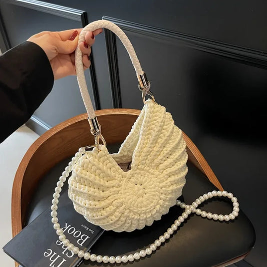 Fashion Conch Shaped Crochet Women Shoulde Bags Funny Cute Pearls Chains Handmade Weave Crossbody Bag Novelty Small Handbags