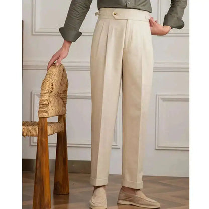 Linen Cotton High Waist Straight Casual Pants Men Versatile Naples Gentleman Pleated Pants High Quality Italian Dress Trousers