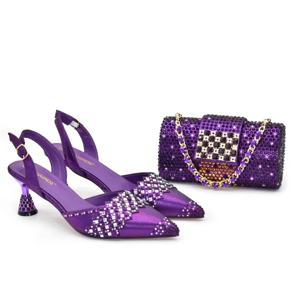 New Arrival Pointed Toe Heels for Women 2026 Elegant Party Diamond Pumps Italian Shoes and Bags Matching Set with Rhinestone