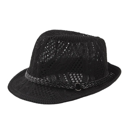 Summer Women's Knitted Mesh Breathable Curled Jazz Hat Leather Belt Panama Hat