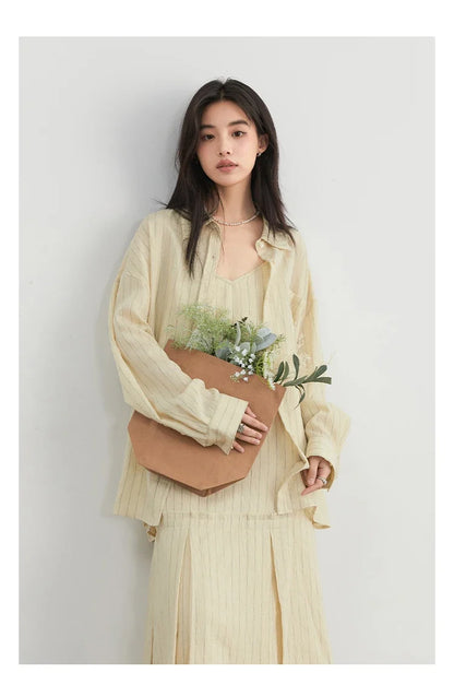 Women Dress Sets Stripe Shirt Loose Casual Long Sleeve Sunscreen Blouses Camisole V-neck Dresses Spring Autumn 2025
