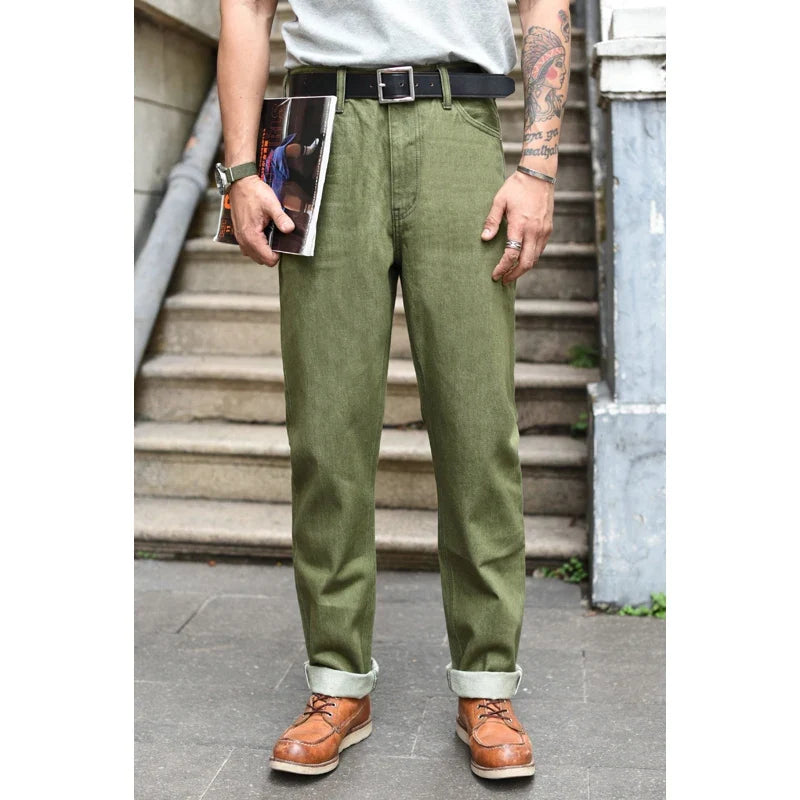 Men Jeans Vulcanization Olive Green 107 Selvedge Denim Jeans Men Washed Slim Fit 14 Oz Zipper Fly