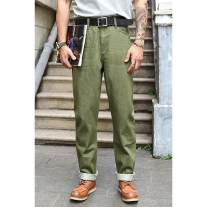 Men Jeans Vulcanization Olive Green 107 Selvedge Denim Jeans Men Washed Slim Fit 14 Oz Zipper Fly