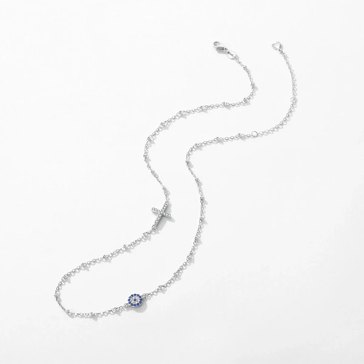 Simple Cross Beads Necklace Real 925 Sterling Silver Blue Zirconia Eye Link Chain Necklaces For Women Party Fine Jewelry