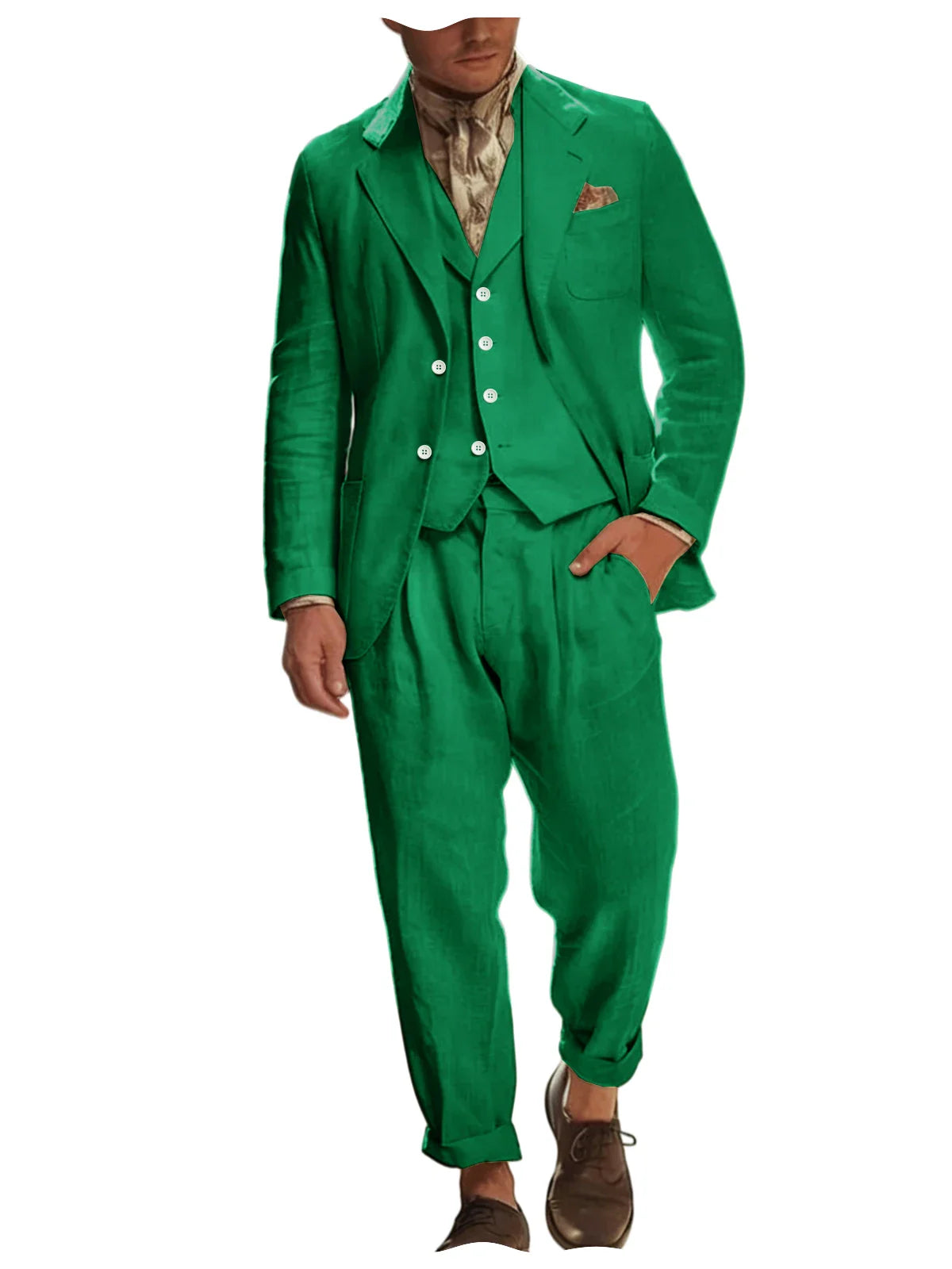 Italian Style Men's Linen 3 Piece Set Notch Lapel 2 buttons Blazer+Vest+Pants Breathable Lightweight Summer Casual Business Suit