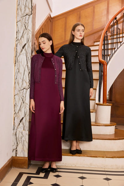 AP Women 2026 Autumn and Winter Modal Shirt and O Neck Acetate Satin Maxi Dress Lurex Cardigan High Quality Lady Clothing