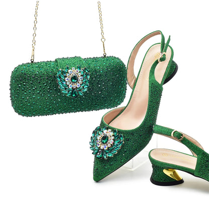 Luxury Designer Silver Italian Matching Shoes and Bag Set Decorated with Rhinestone Shoe and Bag Set for Party in Women Nigerian