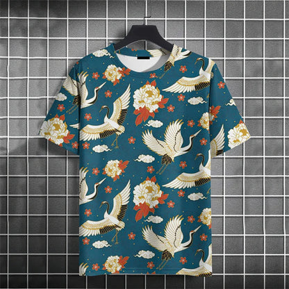 Crane Waves Pattern T-Shirt For Men Chinese Koi Fish 3D Print Tees Summer Casual Loose Short Sleeve O-Neck Tops Unisex T Shirts