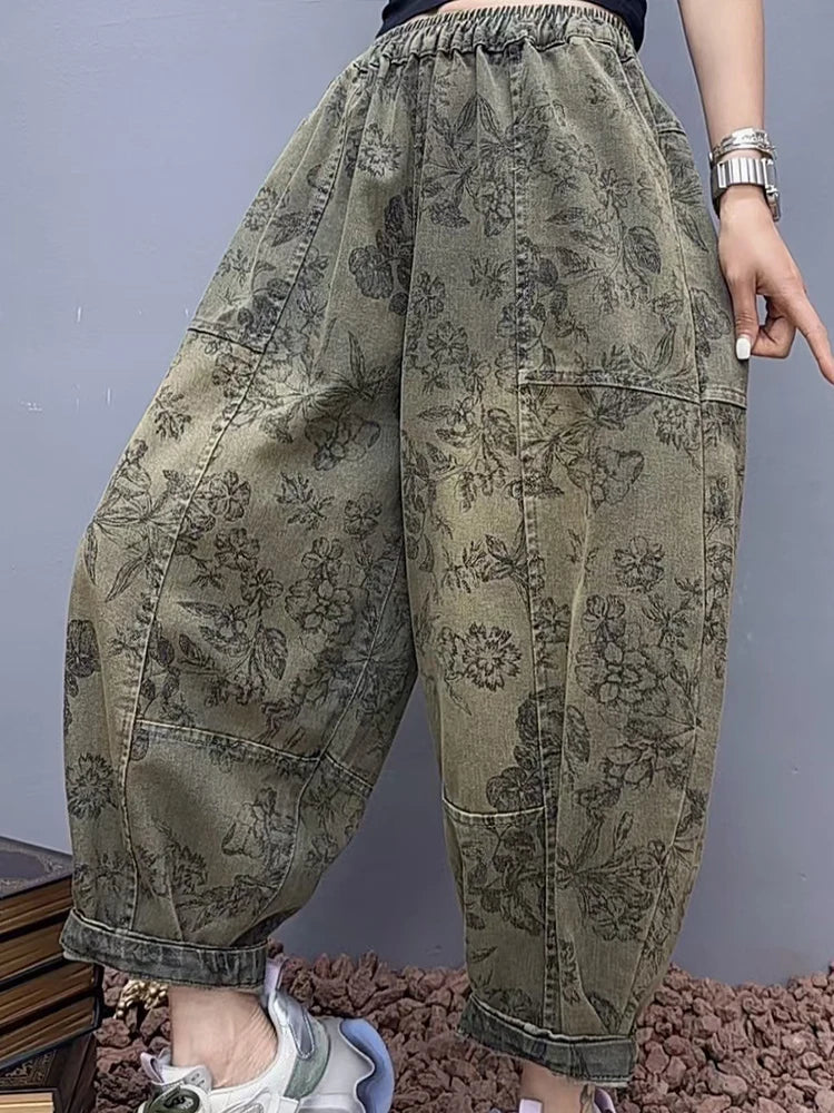 2025 Floral Spring Ladies Printed Classic Elegant Harem Pants Casual Fashion Jeans Vintage Loose Women Denim Trousers