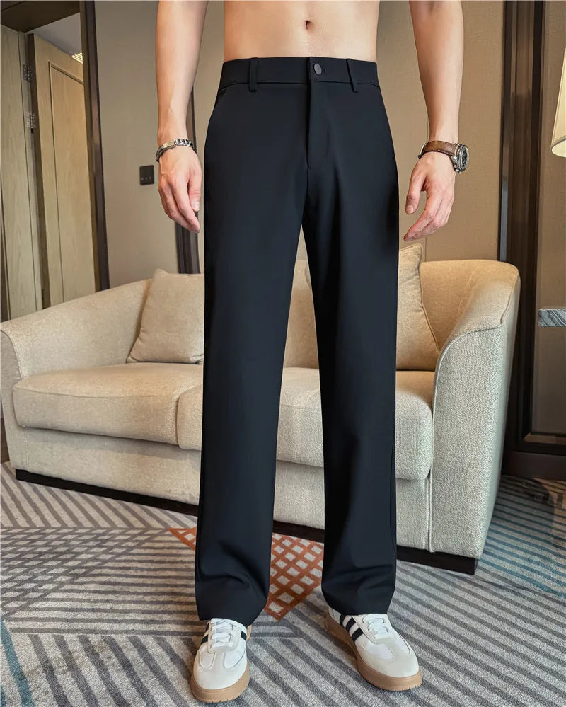 Men's Pleated Trousers, Elastic Waist, Wide-Leg, Casual Suit Pants, 2026 Spring, White/Black, S-4XL