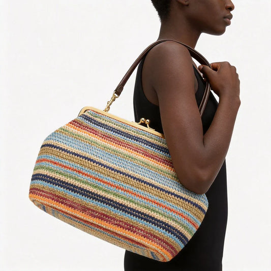 Fashion Large Striped Clip Shell Shoulder Bag for Women Designer PP Straw Handbags Luxury Casual Summer Beach Woven Clutch Bags