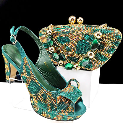 Italian Design Hard Bag & Open Toe High Heels Set Fuchsia Color Blocking Hot Rhinestones Fashion Sexy Women High Heels