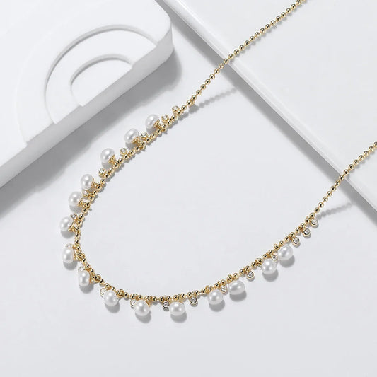 Unique 925 Sterling Silver Ball Bead Necklace with Natural Pearls Vintage Choker Neck Chain for Women Jewelry GPN37