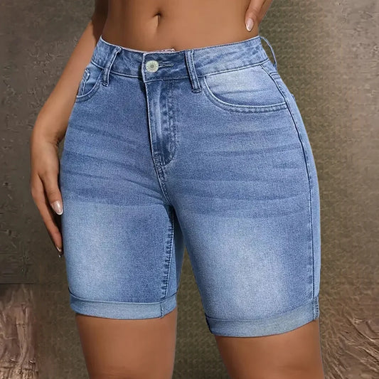 Women's Mid Rise Stretchy Denim Bermuda Shorts Rolled Cuff Slim Fit Butt Lifting Casual Summer Hot Pants for Streetwear & Daily