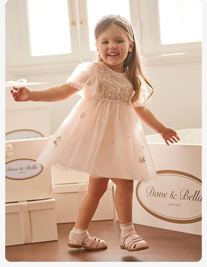 Children's Princess Dress for Girls 2025 New Summer Floral Puff Sleeves Mesh Charm Noble Cute Sweet Party DB2240549