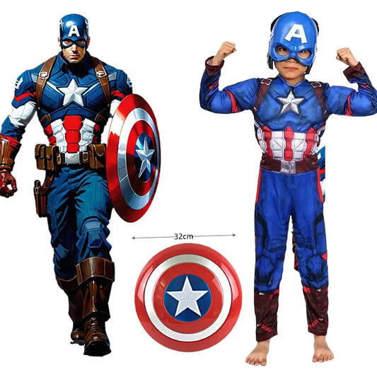 Kid Boys Captain America Muscle Costume Superhero Cosplay Jumpsuit  Halloween Carnival Party Birthday Dress Up Role Play Costume