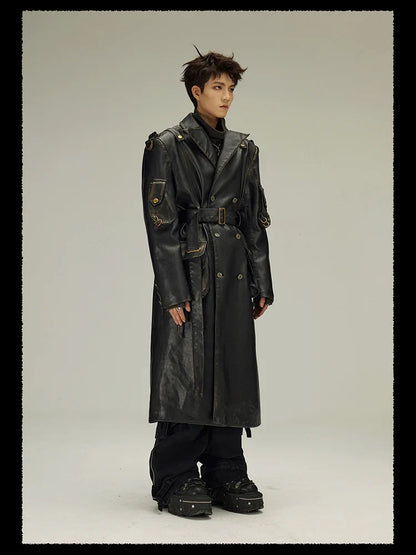 Spring Autumn Long  Distressed Black Pu Leather Trench Coat Men Belt Double Breasted Luxury European Fashion 2023