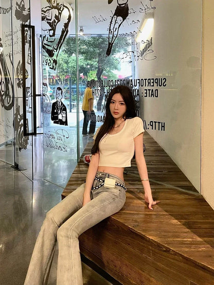 Low Rise Waist Bell Bottom Trousers Blue Pants for Woman Skinny Women's Jeans Flare Slim Fit Flared Baggy Stylish Summer Pant A