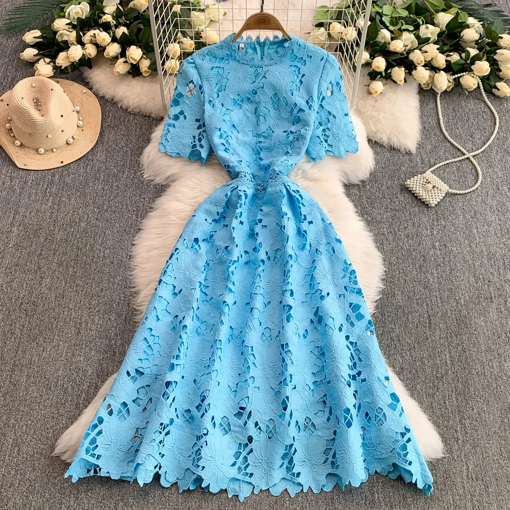 Ele Summer Lace round Ne Dr Women's High Waist Slimming Long Skirt Korean Sle Commute High Softn Regular Sve