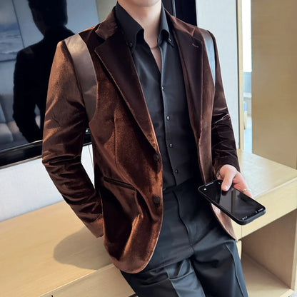 Leather Splicing Mercerized Velvet Suit Jacket 2025 Autumn New Men's High-end Business Slim Fit Fashion Party Tailcoat 4XL-M