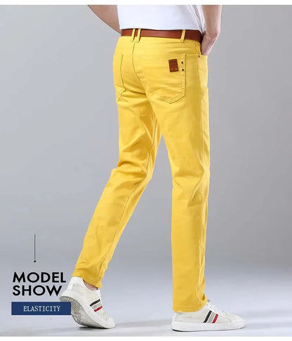 2024 Autumn New Men's Bright Stretch Fit Jeans Trendy Denim Straight-leg Trousers Male Red Lake Blue Yellow Trousers