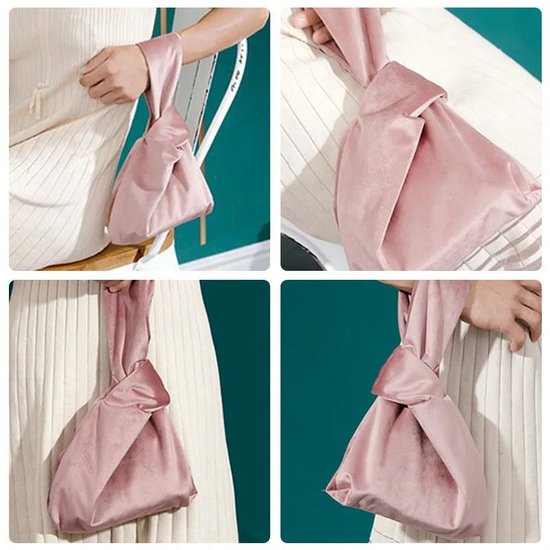 Portable Knot Wrist Bag Women Top Handle Bag Simple Purse Handbags Resuable Shopping Bag Phone Key Pouch Small Ladies Clutch Bag